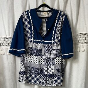 Navy and White Patchwork Women's Top